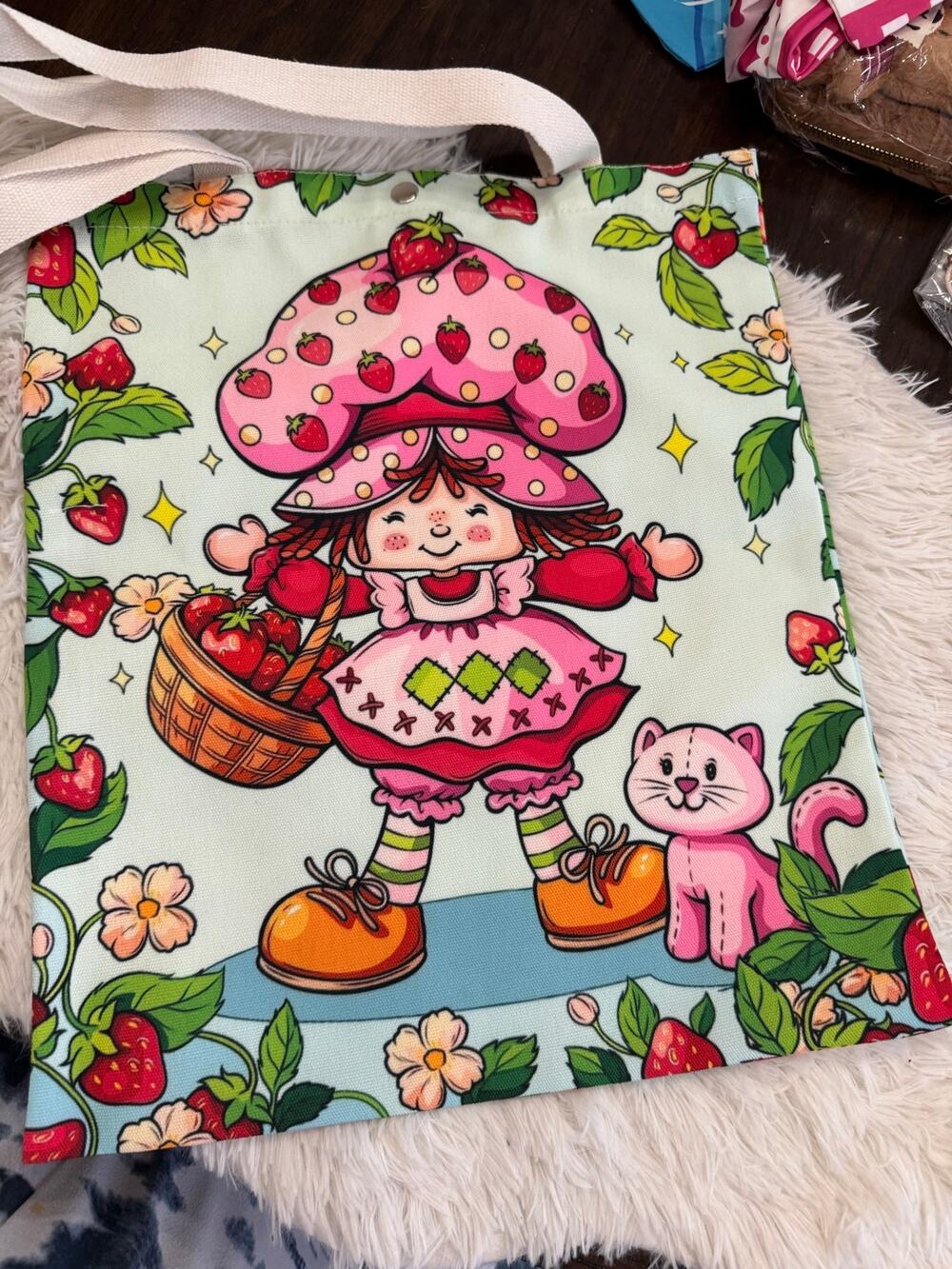 Strawberry Shortcake canvas tote bag girl in pink hat and dress with a pink cat